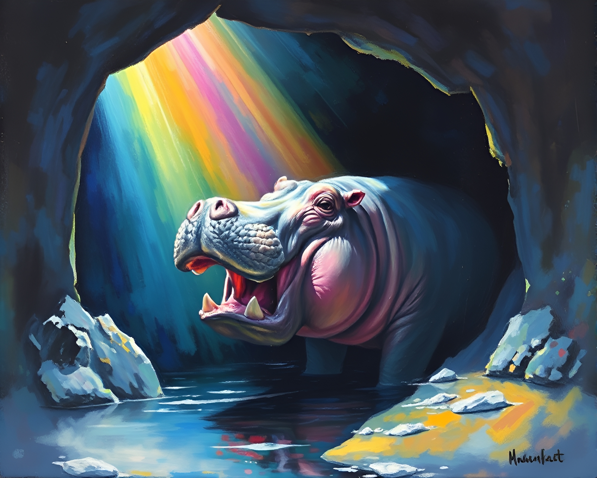 Rainbow Refraction in Hippopotamus Cave Painting – free AI stock image