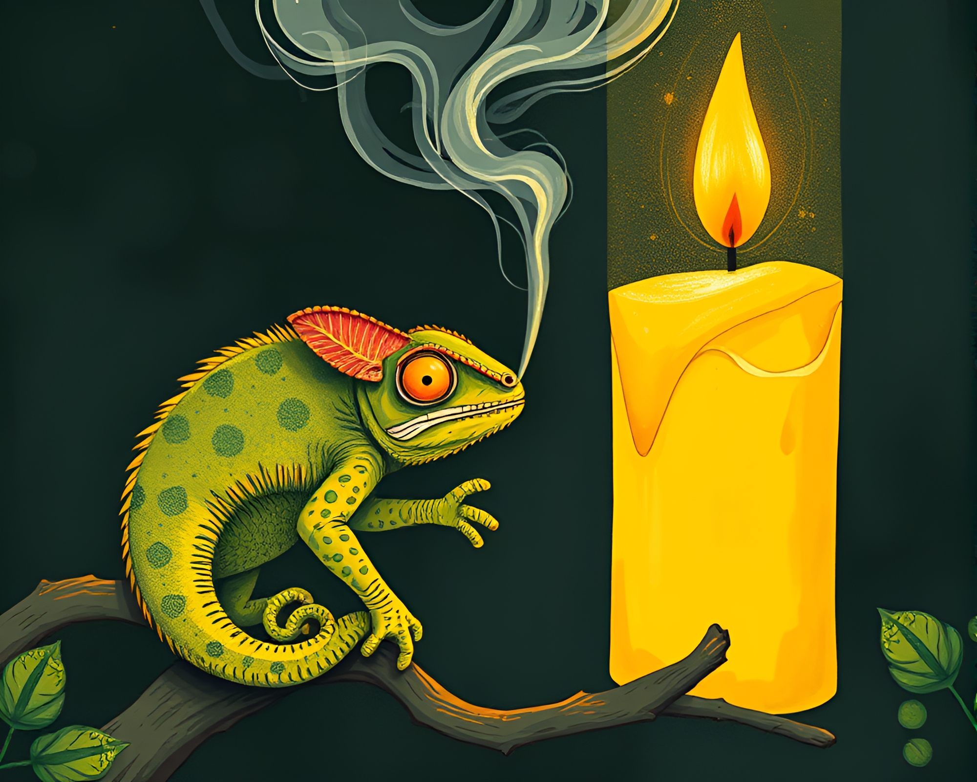 Mustard Yellow Chameleon Among Candle Smoke – free AI stock image