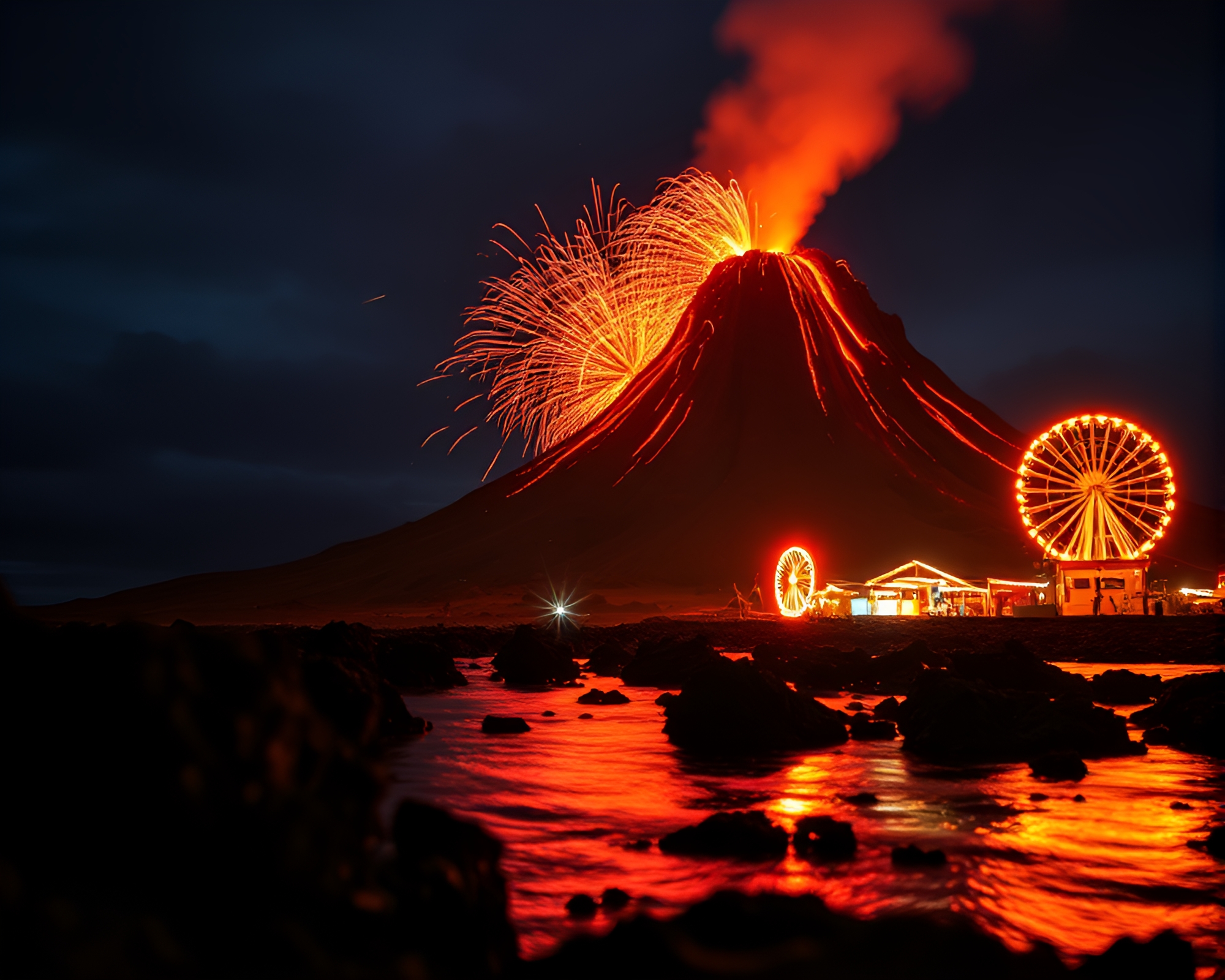Volcanic Island Carnival Lights Zoom Burst – free AI stock image