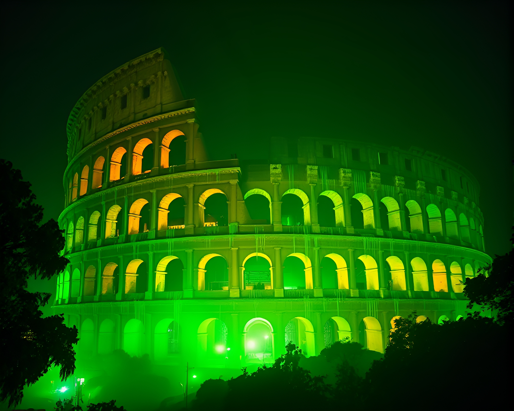 LED-lit Roman Coliseum in Rainforest Green Haze – free AI stock image