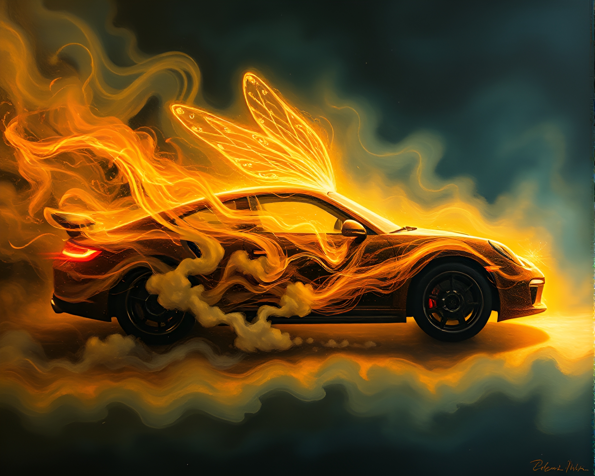 Hover Car in Luminescent Firefly Smoke Swirl – free AI stock image