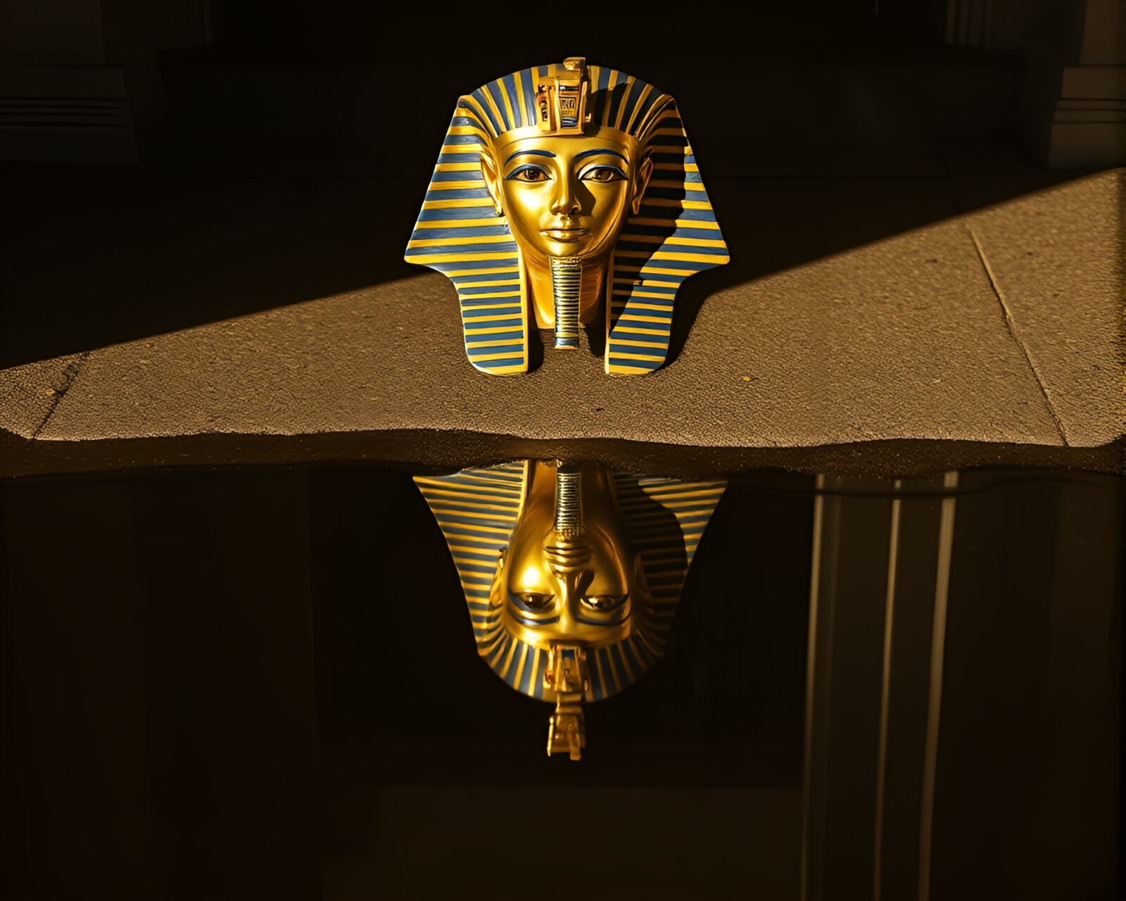 Stipple-shaded drawing of Pharaoh’s mask reflected in puddle