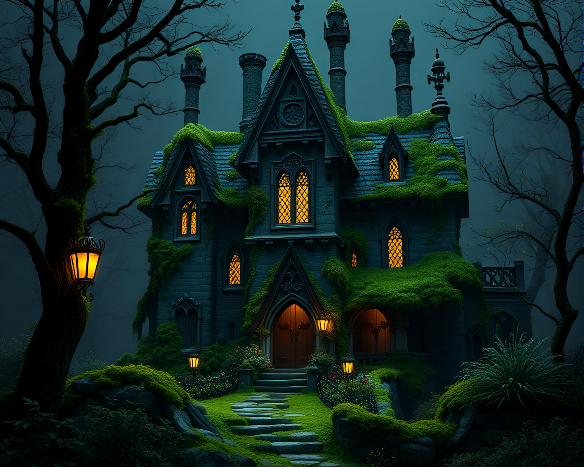 Neo-Gothic Mansion Overgrown with Moss in 8-Bit Style – free AI stock image
