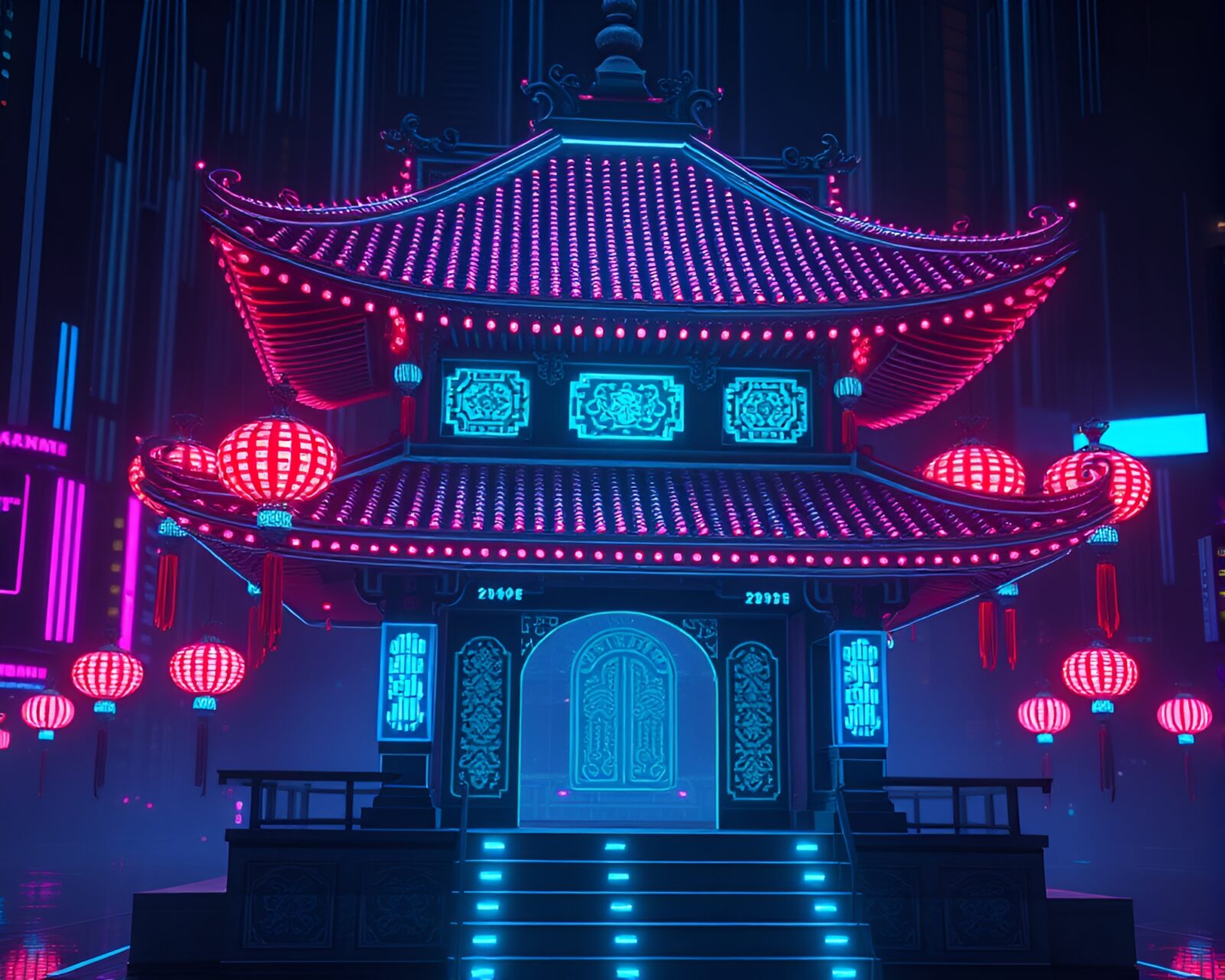 Futuristic HUD overlay on glowing pagoda with beadwork accents