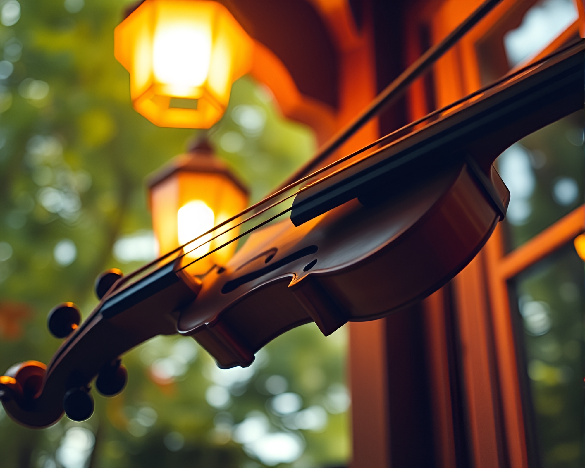Origami-style Wooden Violin under Porch Light – free AI stock image