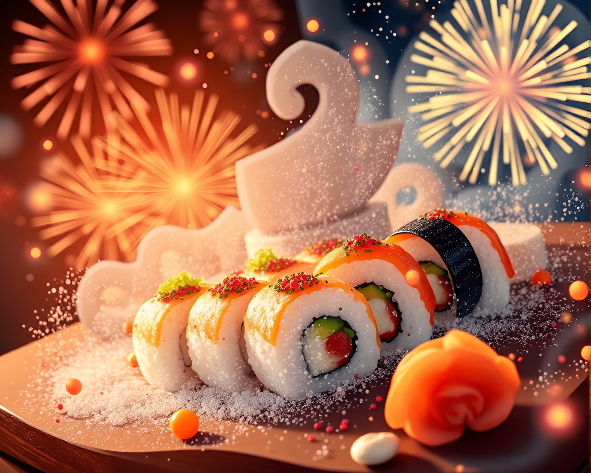 Dust particles dance over festival sushi platter – free AI stock image