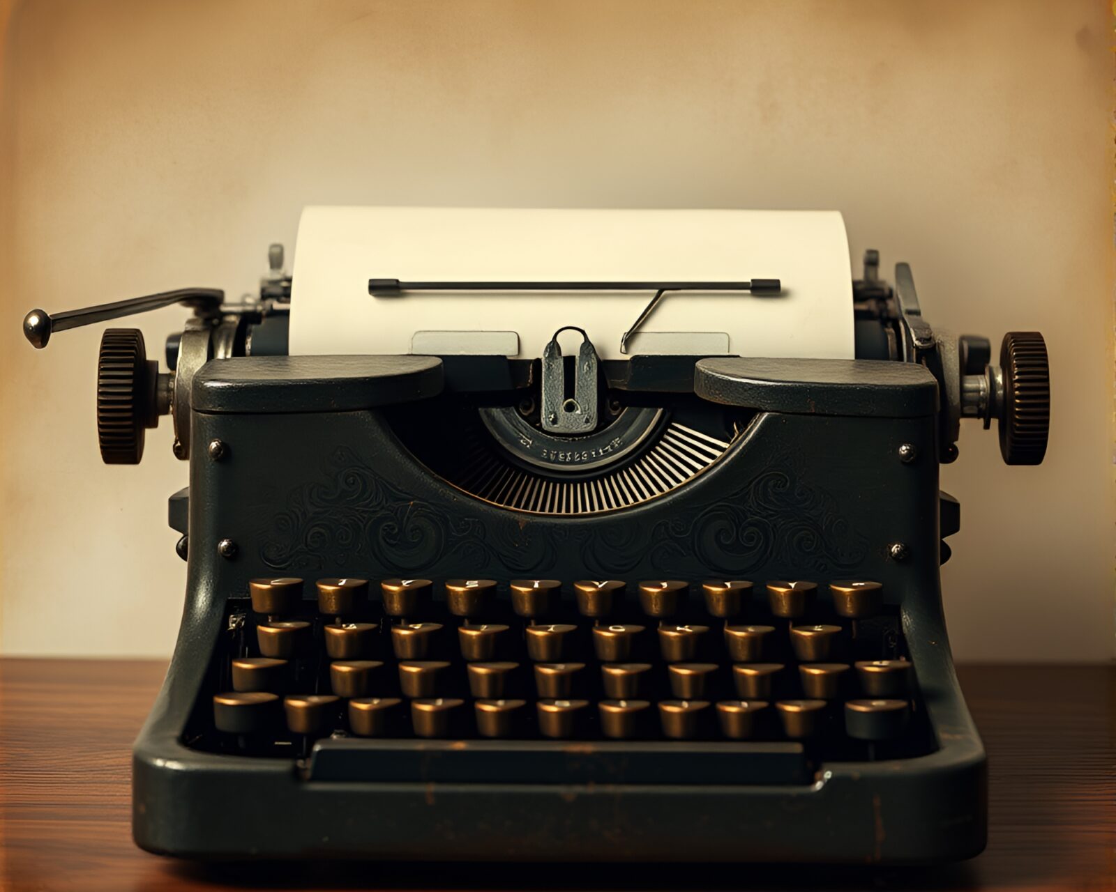 A vintage typewriter surrounded by ripped paper under a bronzed lighting