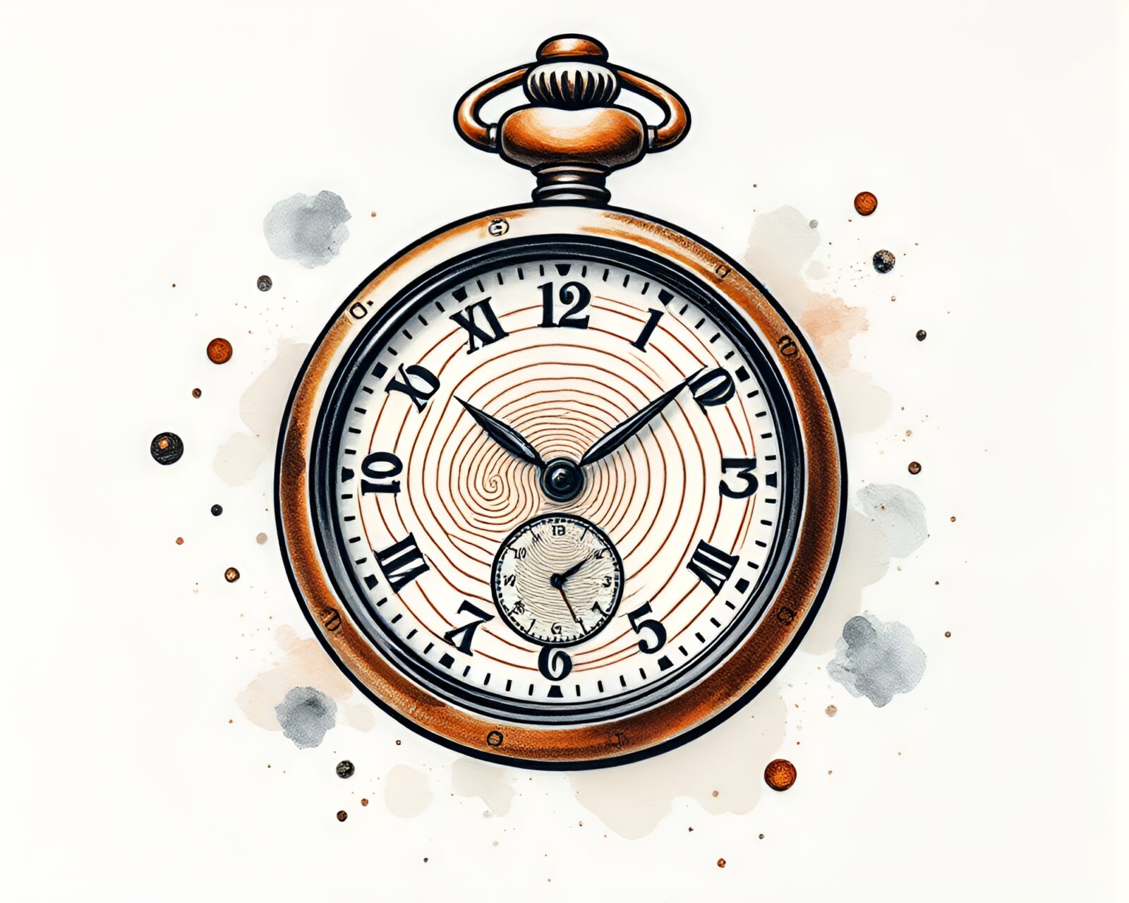 Tattoo flash art of a pocket watch on watercolor wood grain