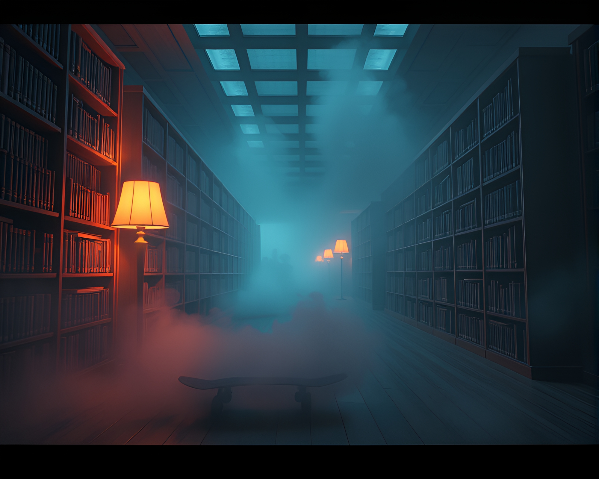 Foggy Skateboard Journey in Illuminated Library – free AI stock image