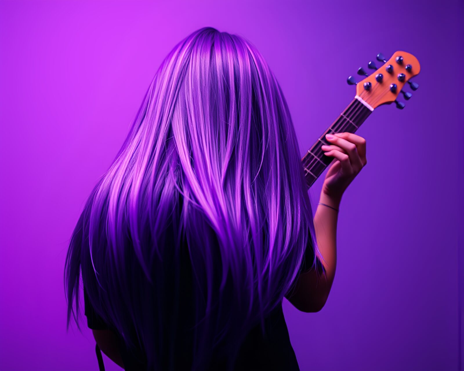 Radially symmetric twilight-toned guitar illustration with intricate hair detail
