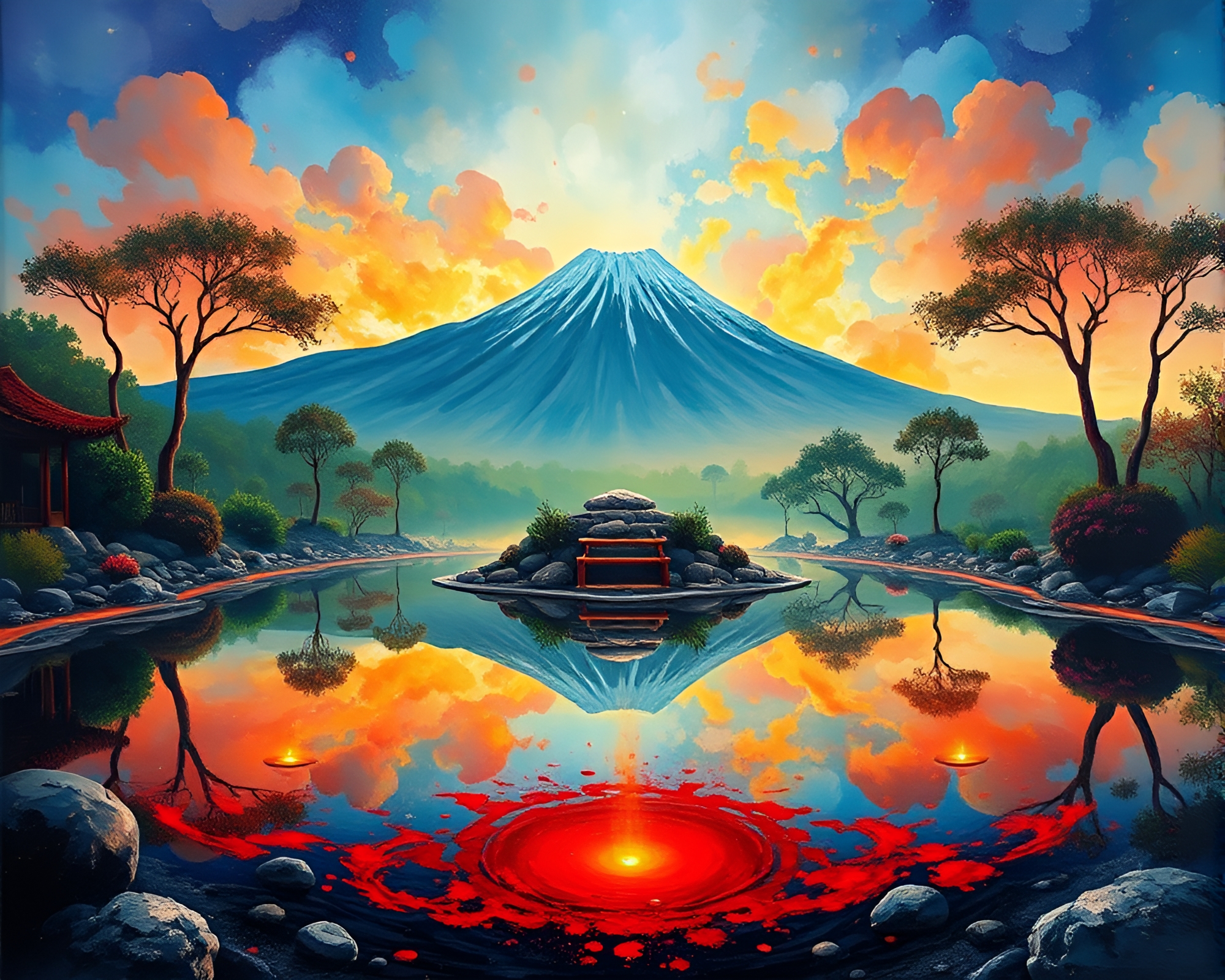 Zen Garden Reflection: Volcano Glow Impressionism – free AI stock image