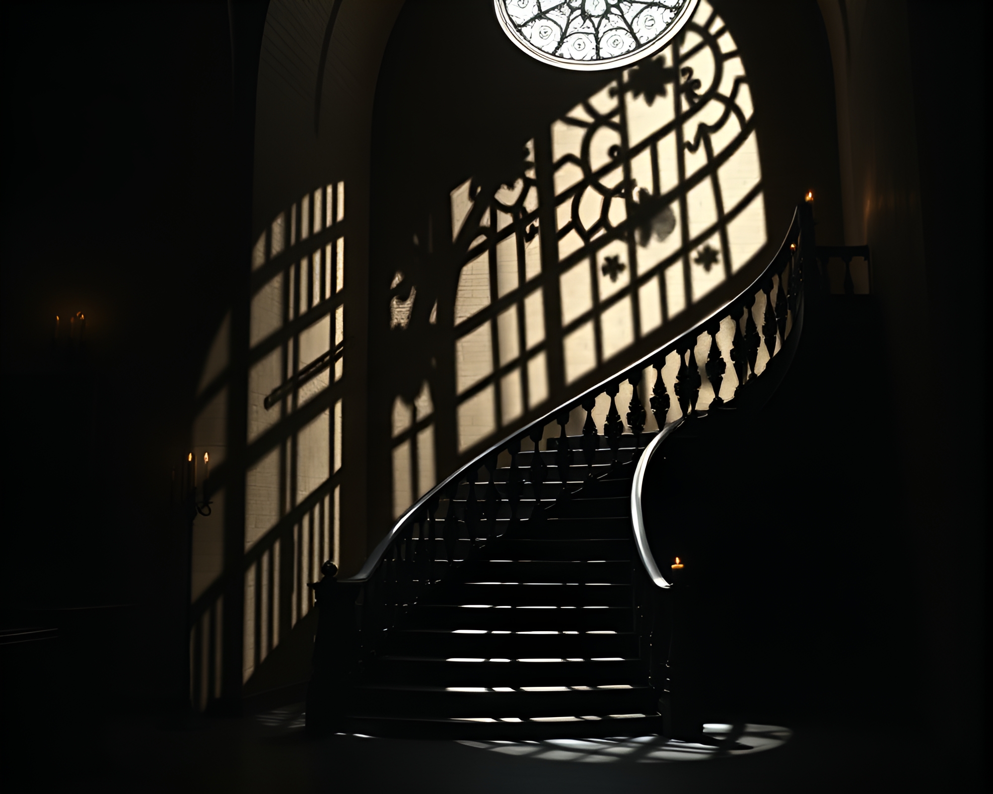 Surreal Shadowy Escher Staircase in Candlelit Church – free AI stock image