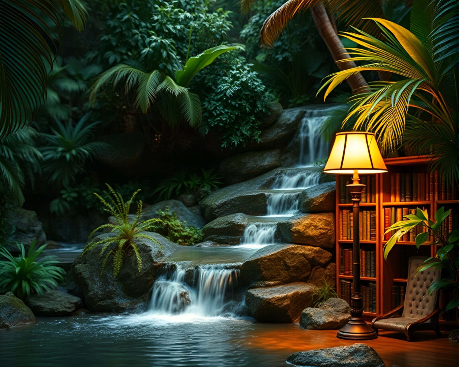 Serene waterfall surrounded by soft library lamp glow