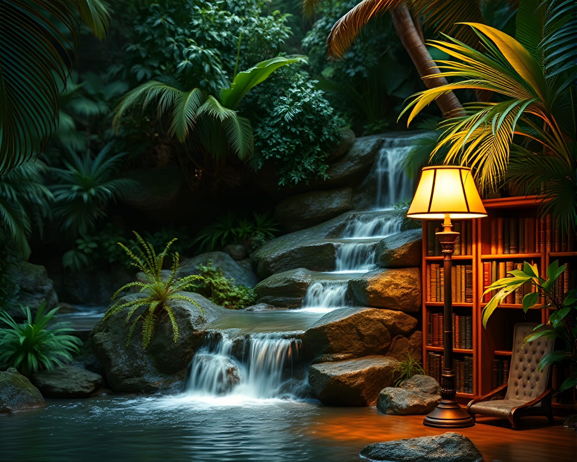 Tropical Waterfall in Library Lamp Light Vignette – free AI stock image