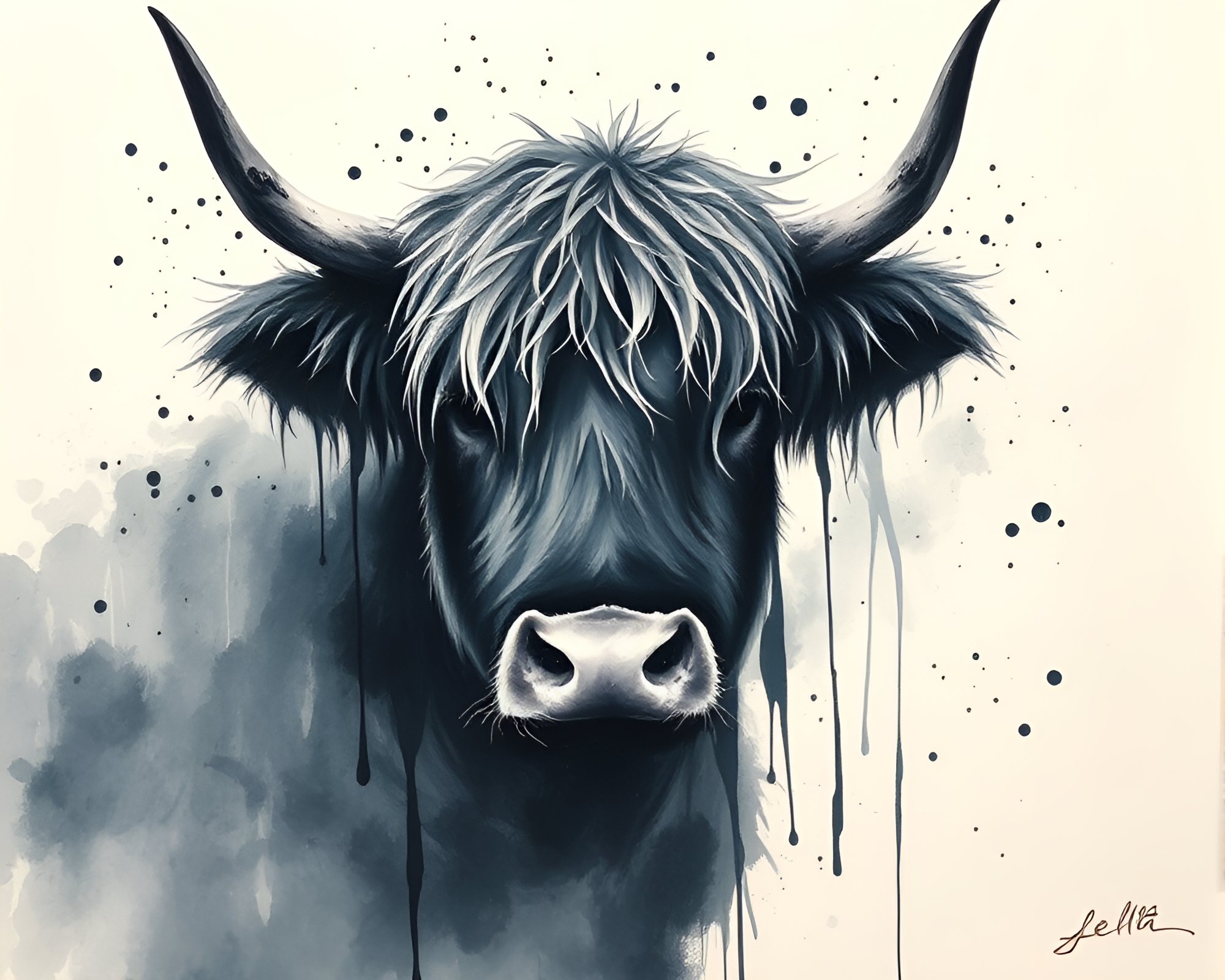 Highland Cow bathed in indigo ink wash drips – free AI stock image