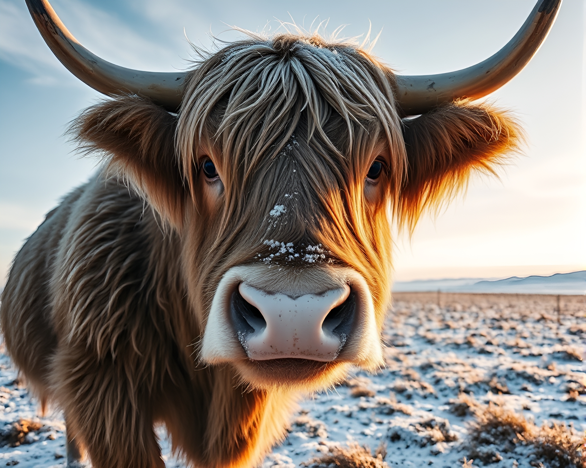 Snow-Kissed Highland Cow in Gradient Mesh Style – free AI stock image