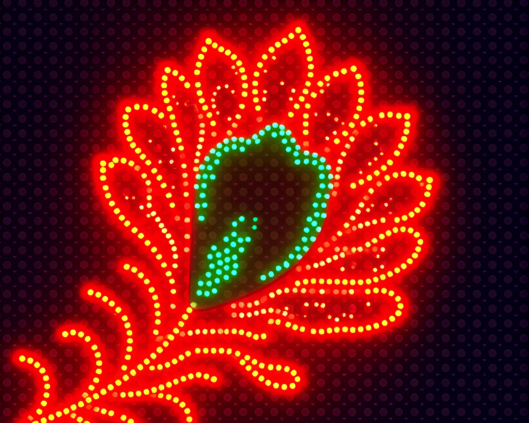 Neon Peacock Feathers on LED Grid – free AI stock image