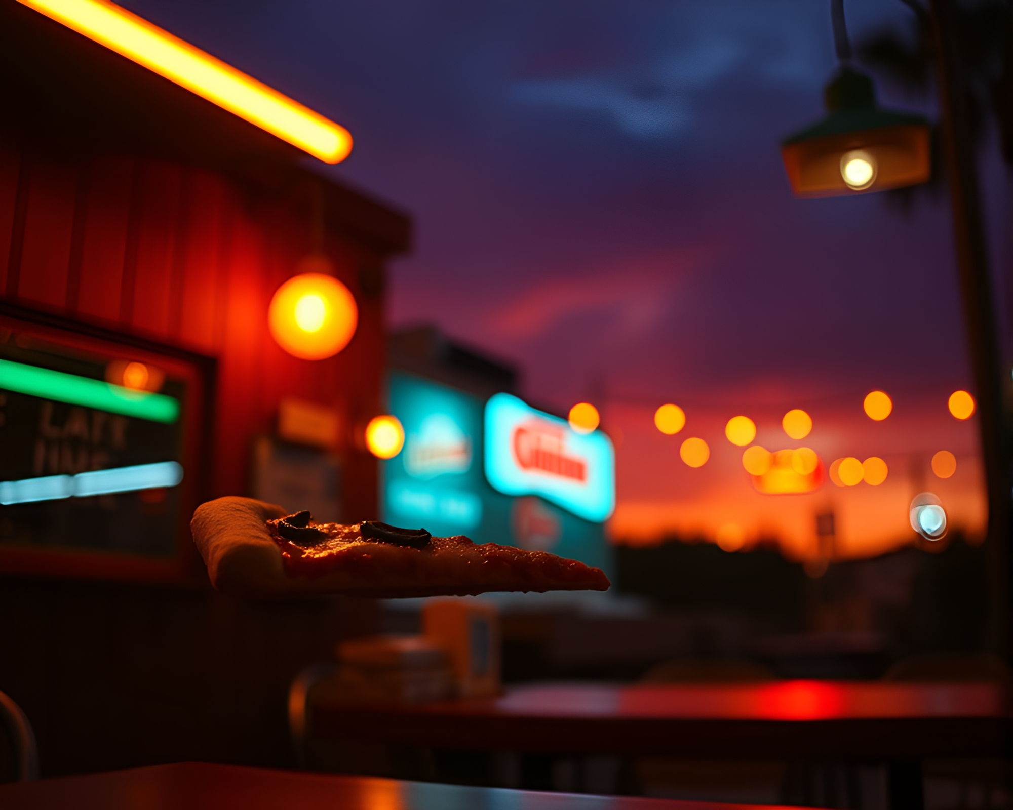 Warm Sunset Pizza Slice Illuminated by Fluorescent Lights – free AI stock image