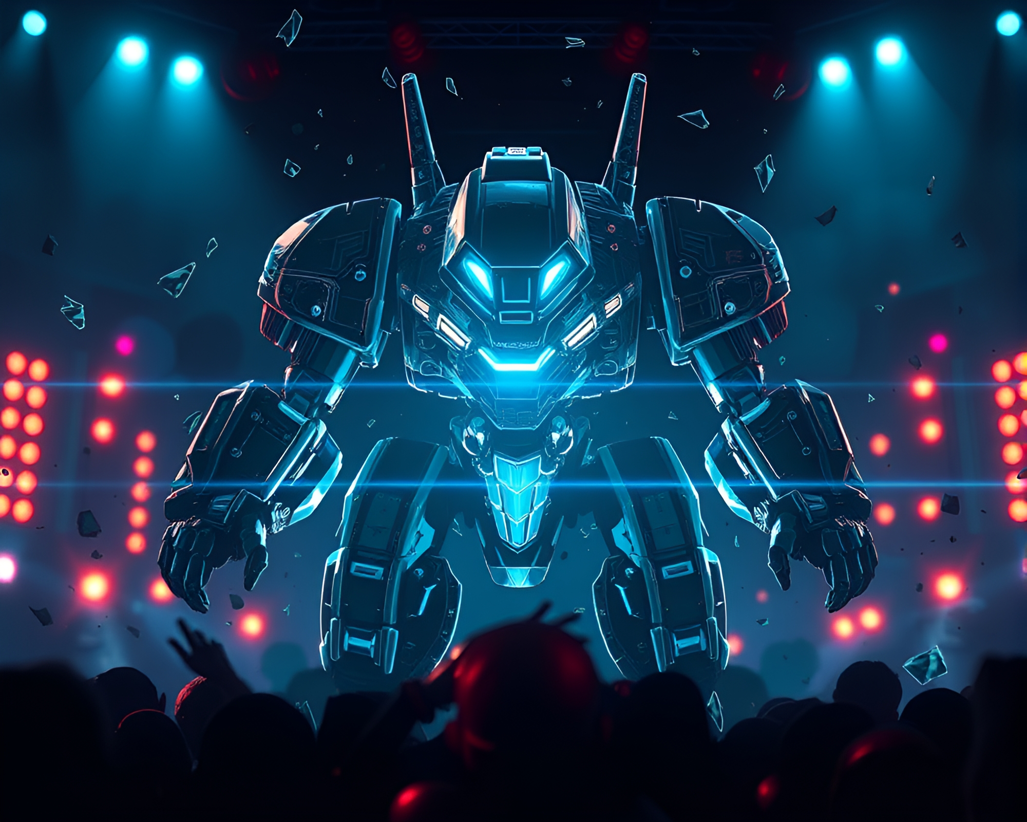 Futuristic Battle Mech Blueprint amidst Glass Shard Reflections – free AI stock image