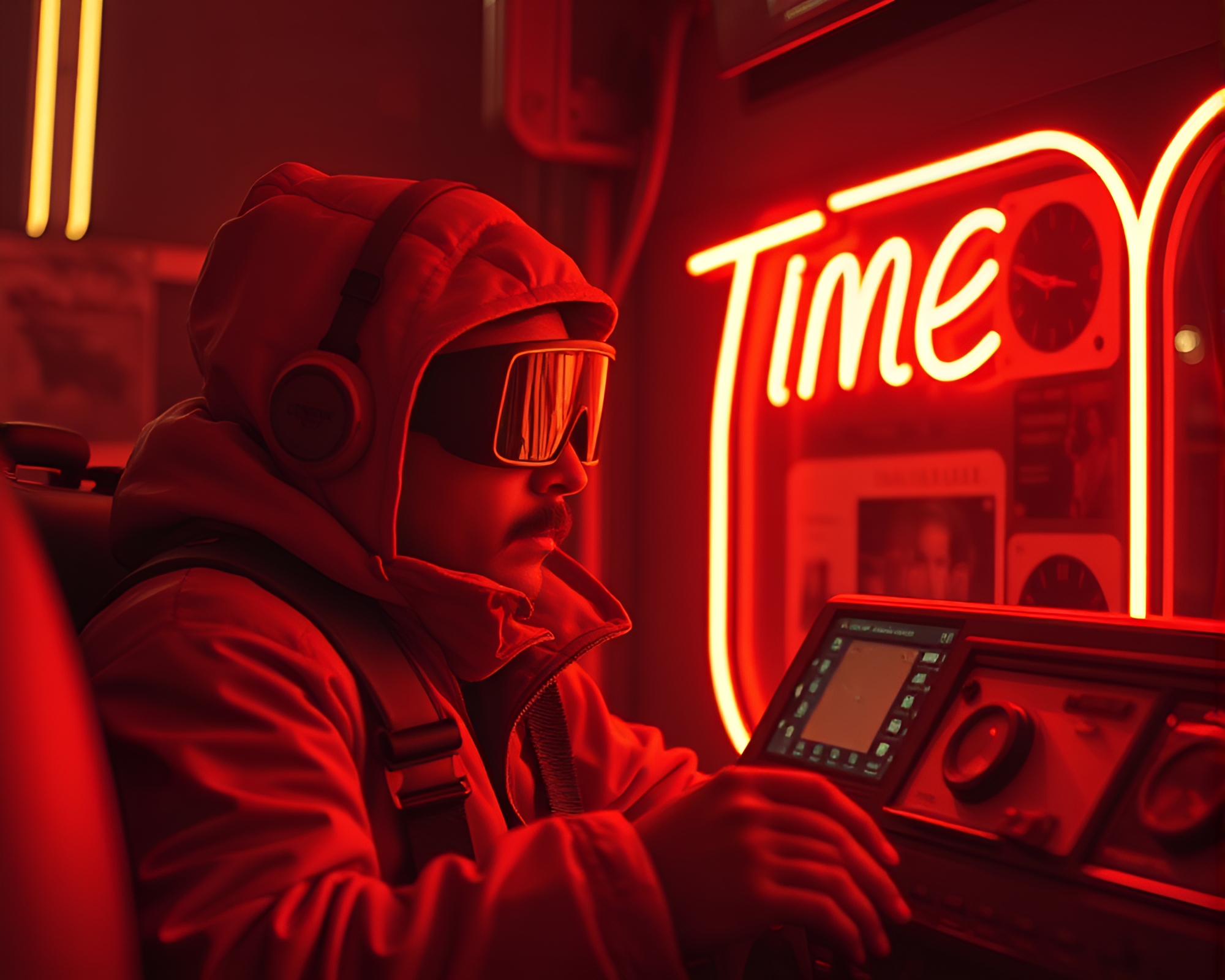 Time Traveler’s Neon Duotone Adventure – free AI stock image