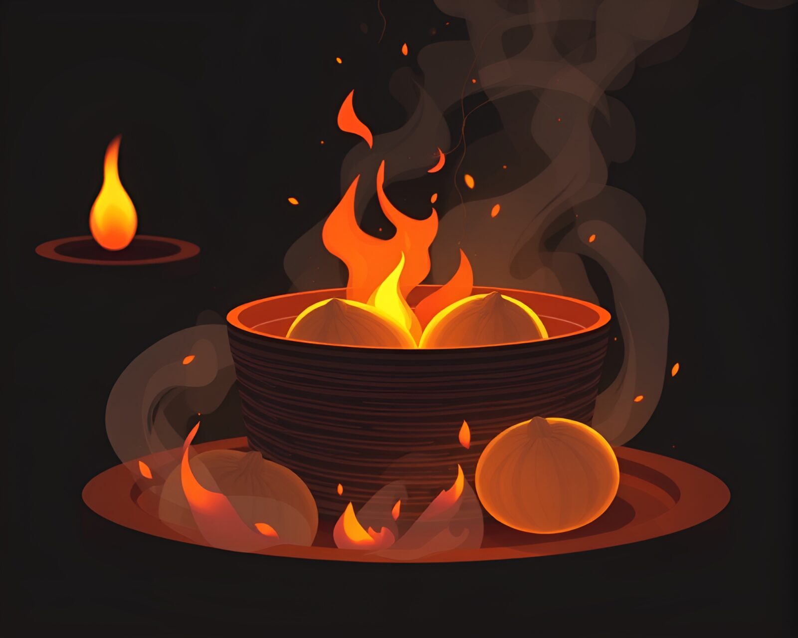 Dim sum basket with torn edges near flickering fireplace