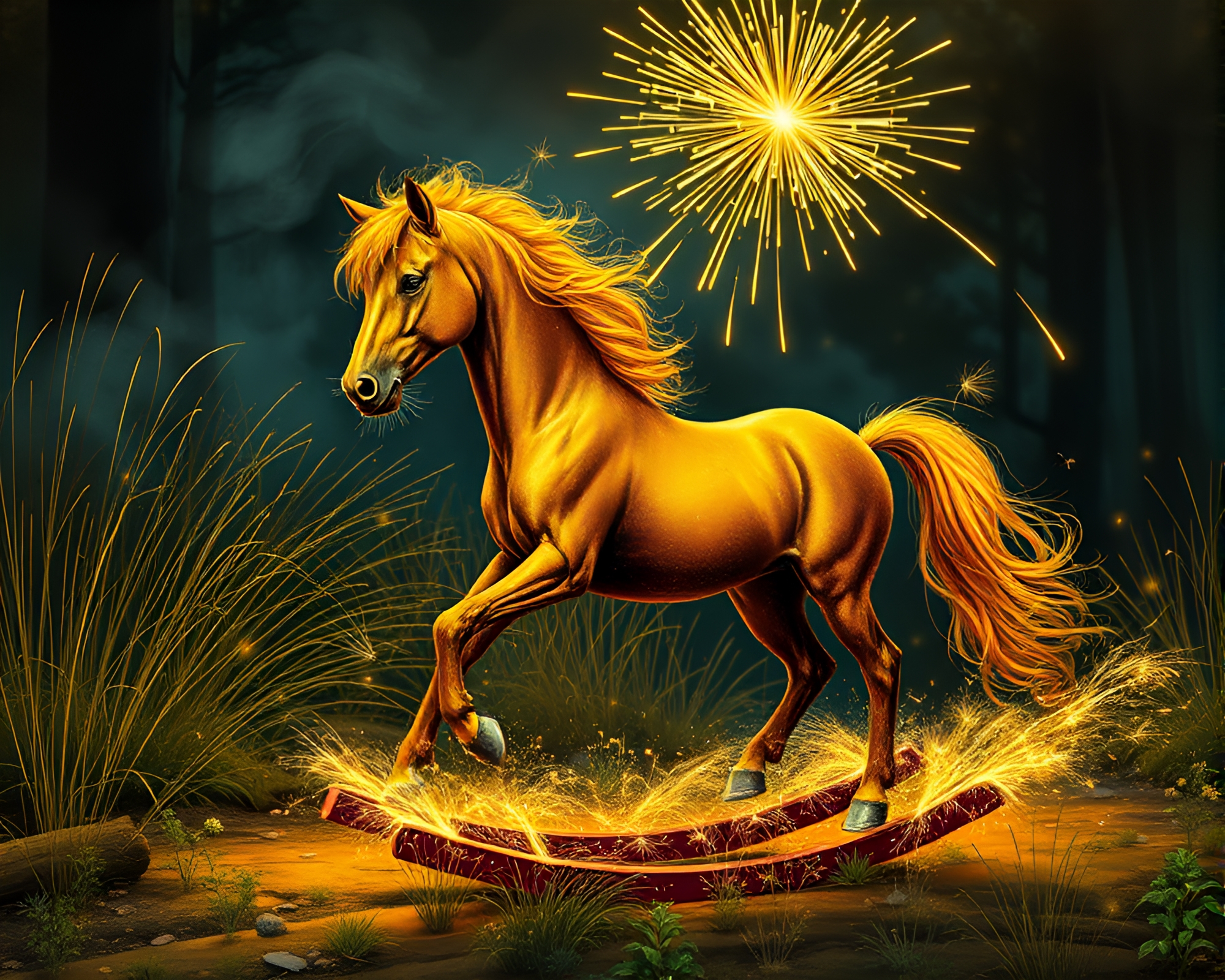 Wooden Rocking Horse with Mustard Sparkler Trails – free AI stock image