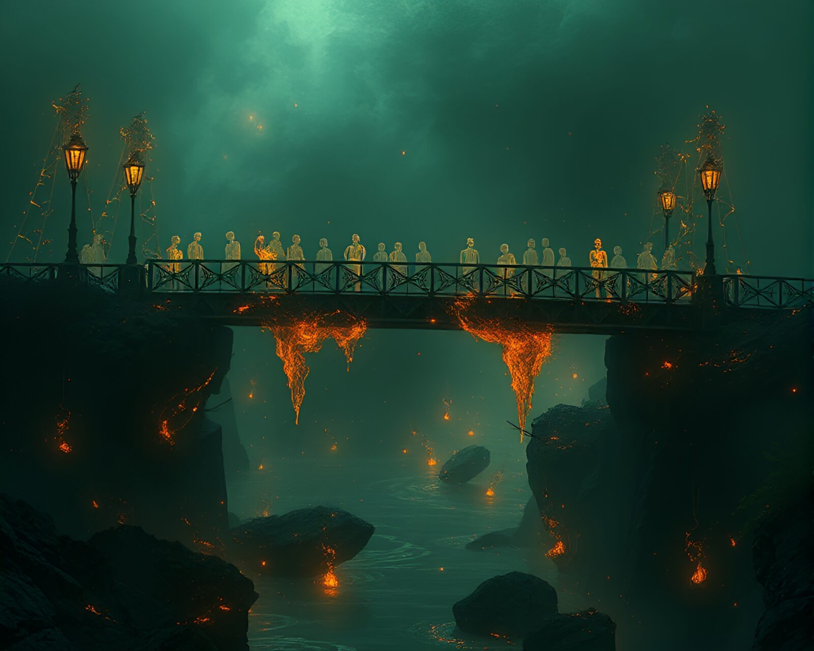 Surreal scene of glass bridge surrounded by floating embers