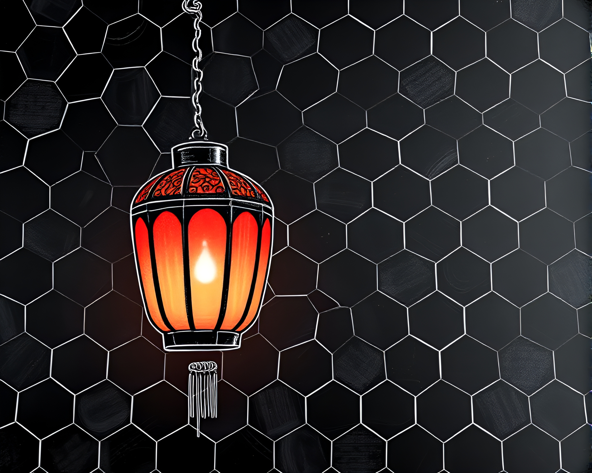 Hexagonal Tiling with Paper Lanterns Chalkboard Drawing – free AI stock image