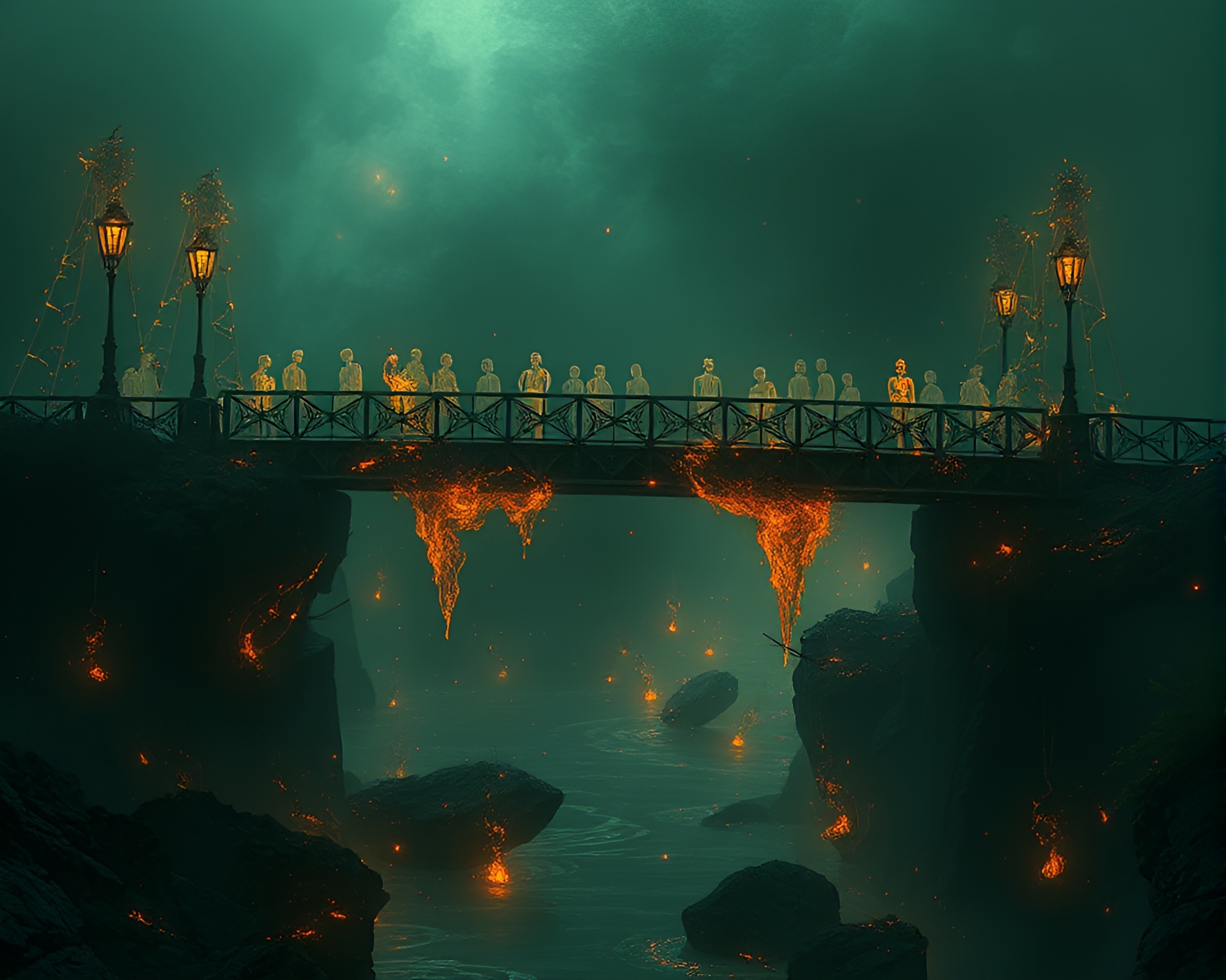 Surreal Glass Bridge Amidst Floating Embers – free AI stock image