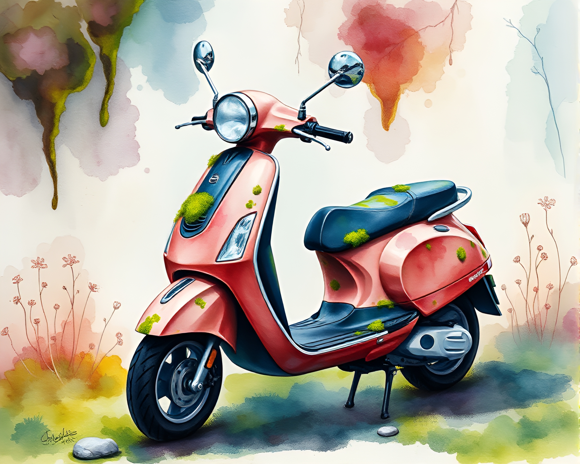 Moss-Covered Electric Scooter in Jewel Tone Watercolor – free AI stock image