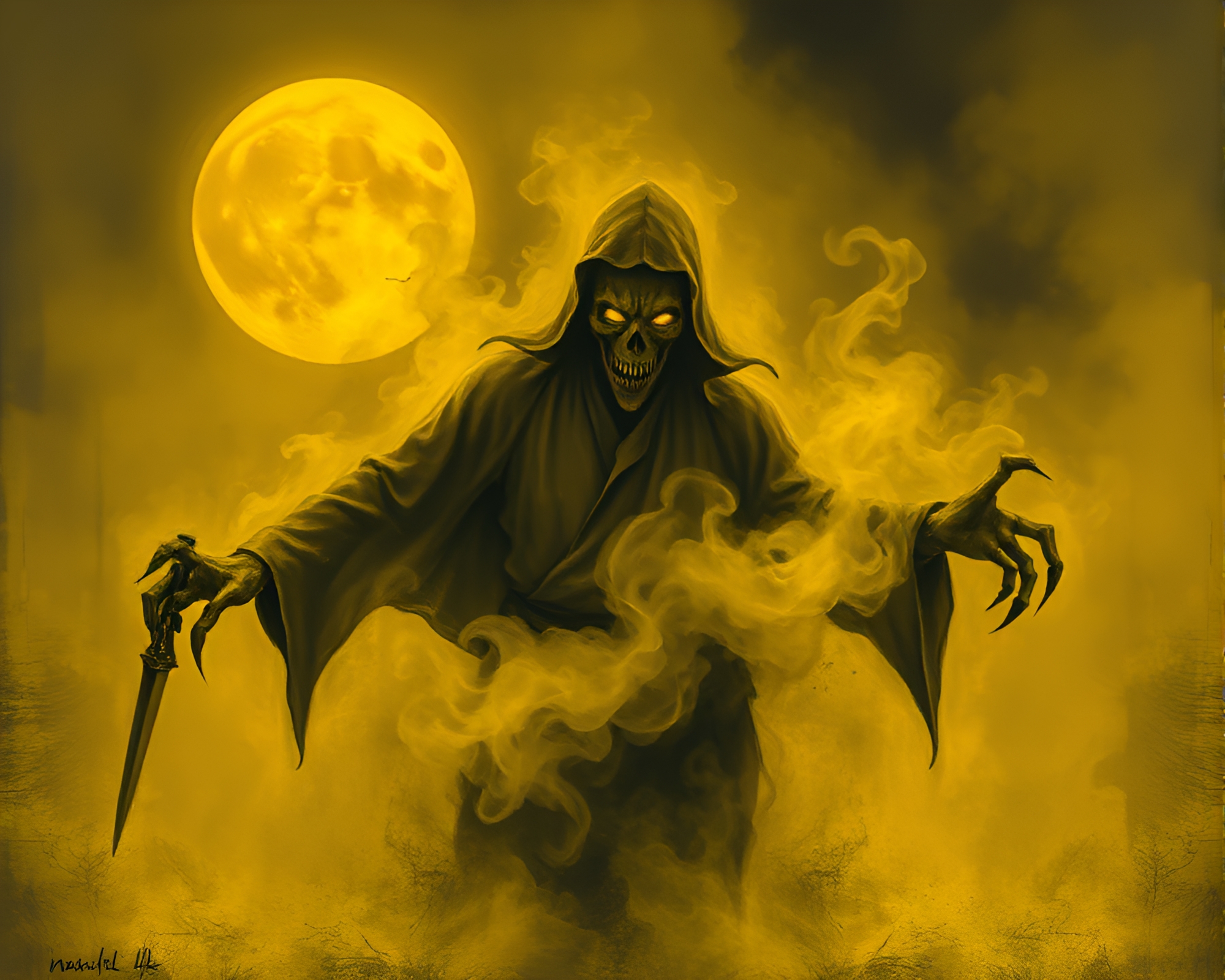 Vampire Queen in Monochrome Yellow Steam Vapor Fresco – free AI stock image