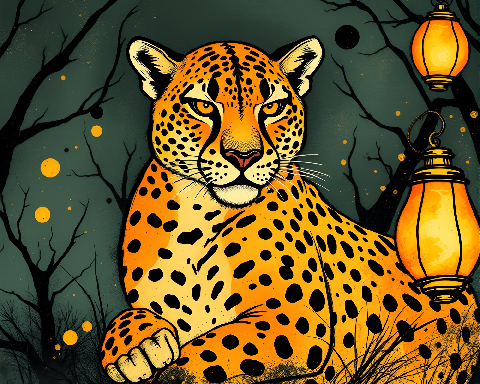 Ink Splashed Cheetah Emerging from Lantern Light – free AI stock image
