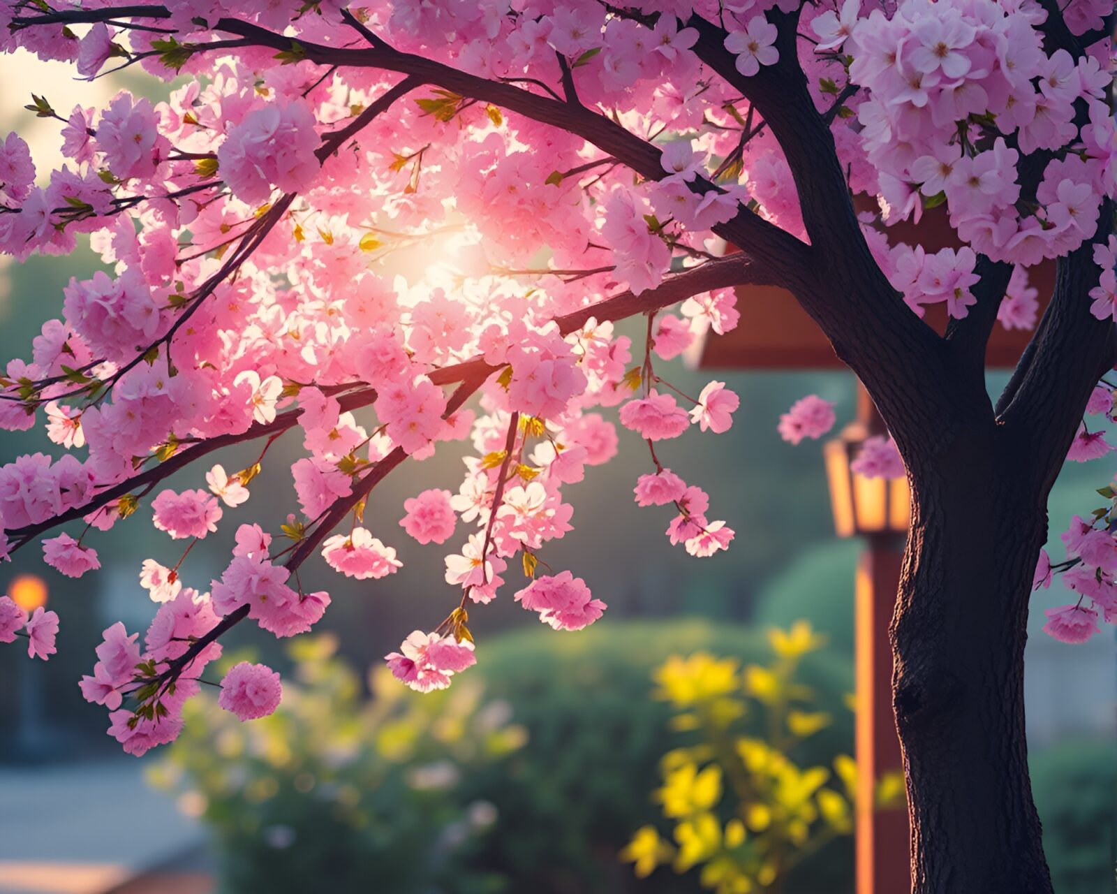 Medium shot of a warm-lit pixel art cherry blossom tree