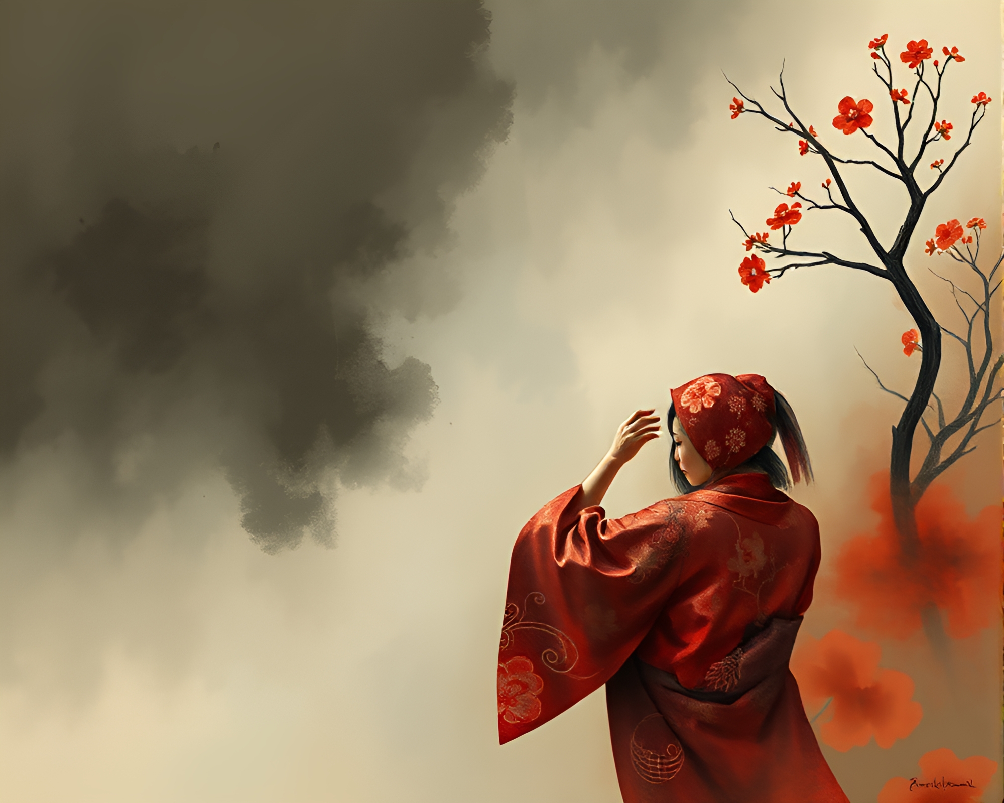 Elegant Silk Kimono in Tilted Perspective Amidst Smoky Haze – free AI stock image
