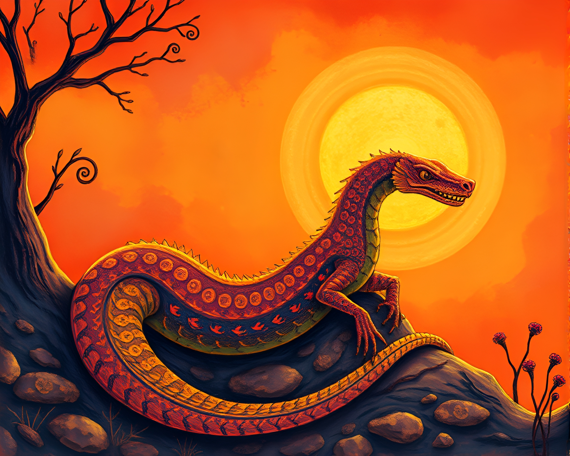 Enchanting Sunset Basilisk in Children’s Book Illustration – free AI stock image