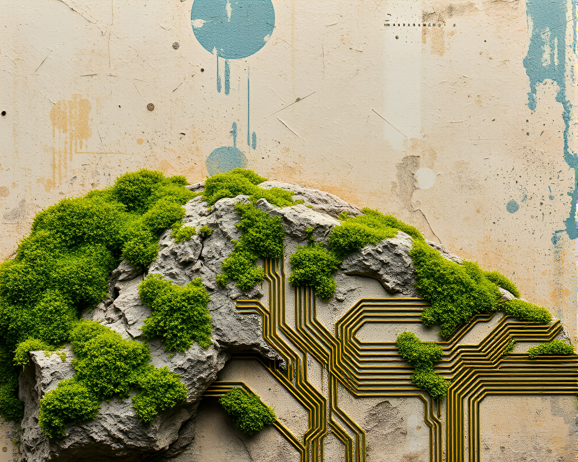 Circuit Board Abstract Art: Moss-Covered Rock Edition – free AI stock image