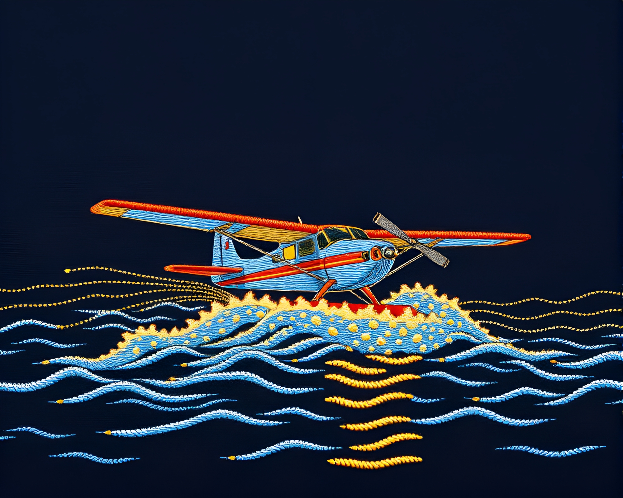 Oceanic Biplane Embroidered in Torchlight Glow – free AI stock image