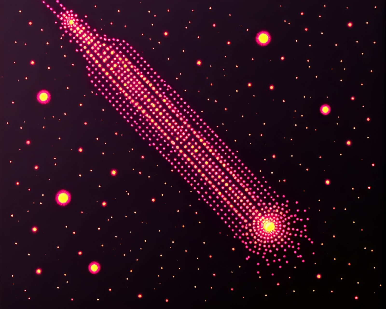 Abstract screenprint dots form satellite in flickering CRT light