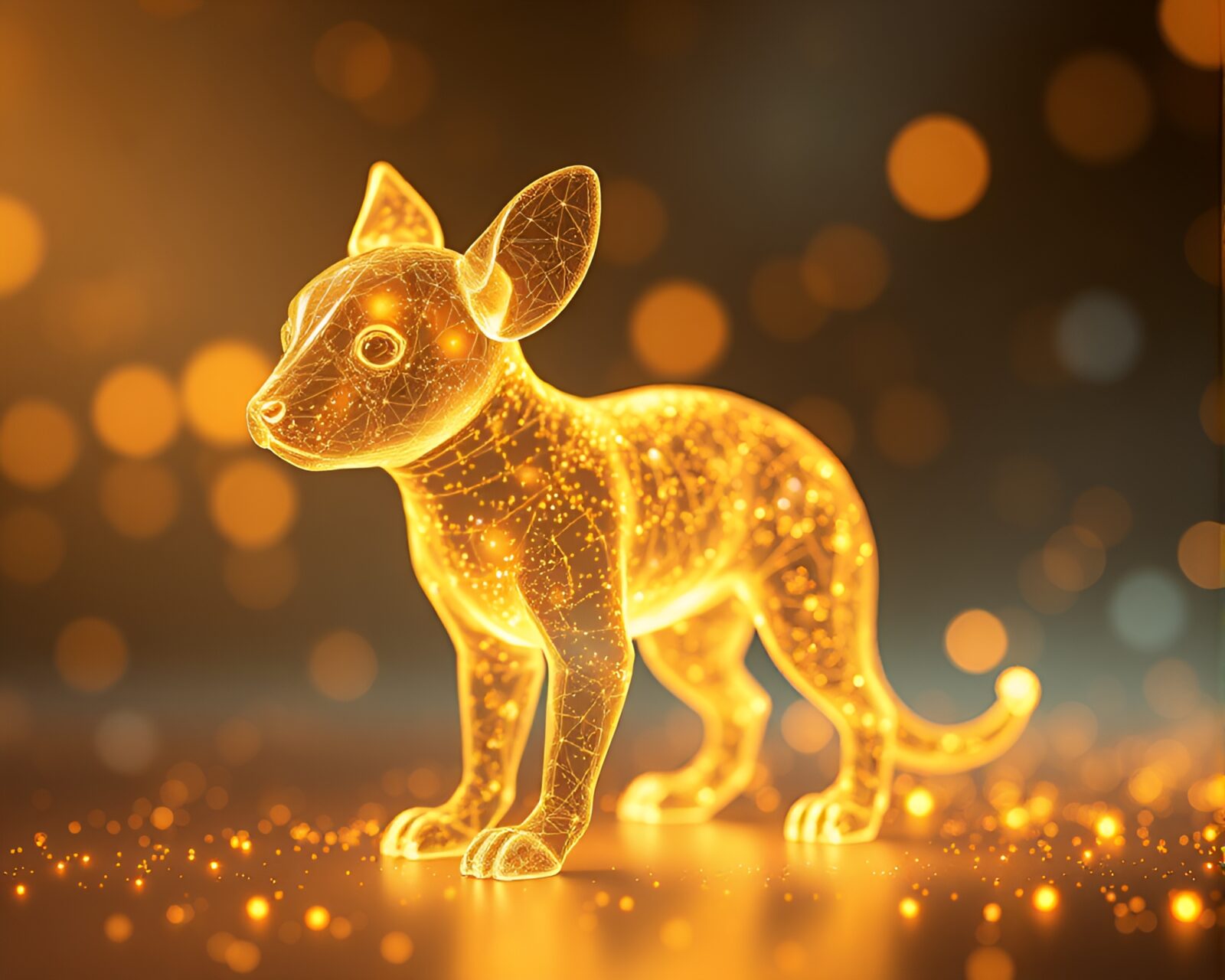 Hologram specks shimmering on wireframe holographic pet at golden hour