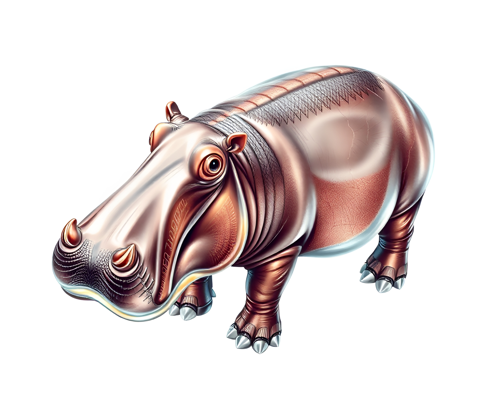 Hippopotamus Bathing in Metallic Scratch-filled Oasis – free AI stock image