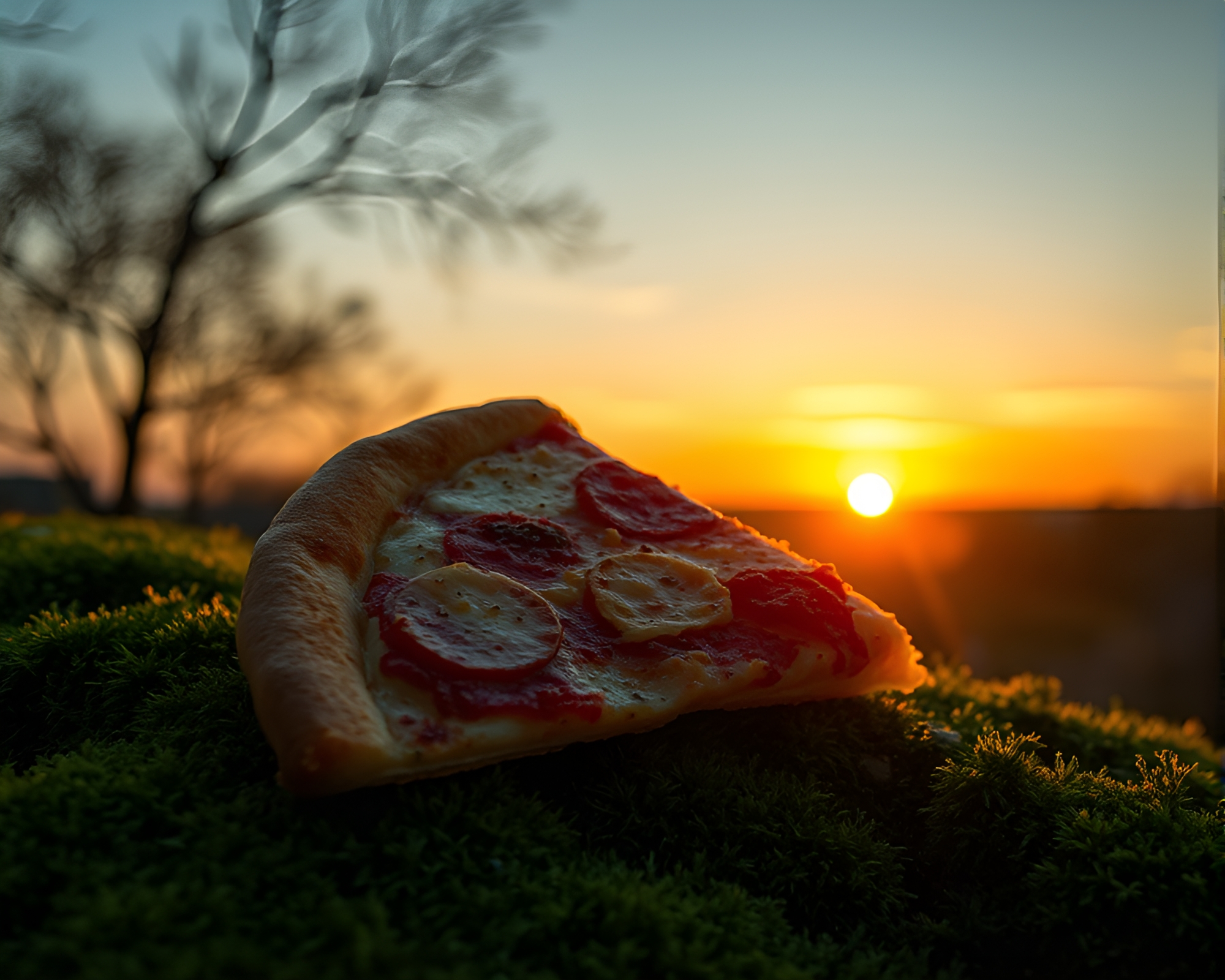 Mystical Moss-Covered Pizza at Sunset – free AI stock image
