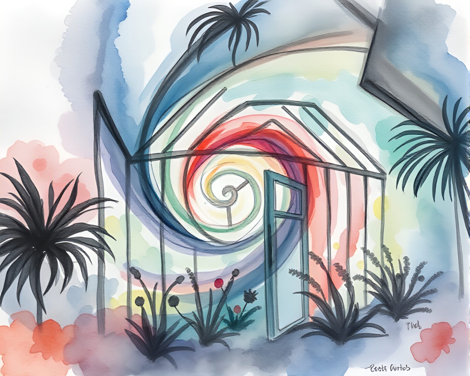 Monochrome watercolor wash of greenhouse with swirling vortex light
