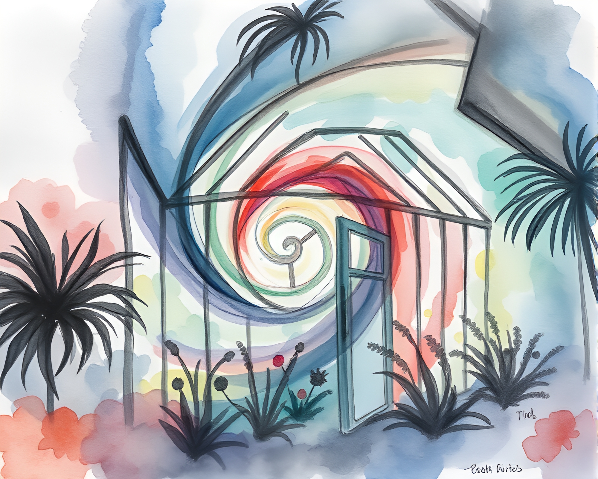 Grisaille Glass Greenhouse with Vortex Twist Atmosphere – free AI stock image