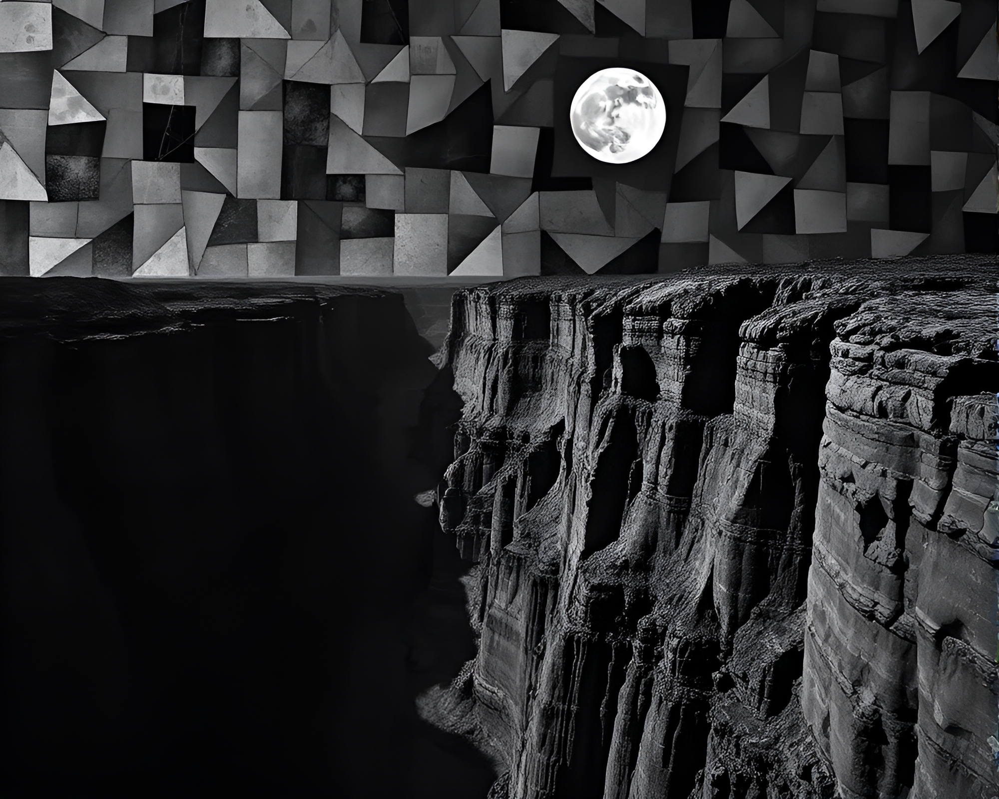 Fragmented Canyon in Lunar Noir: Eroded Mosaic Beauty – free AI stock image