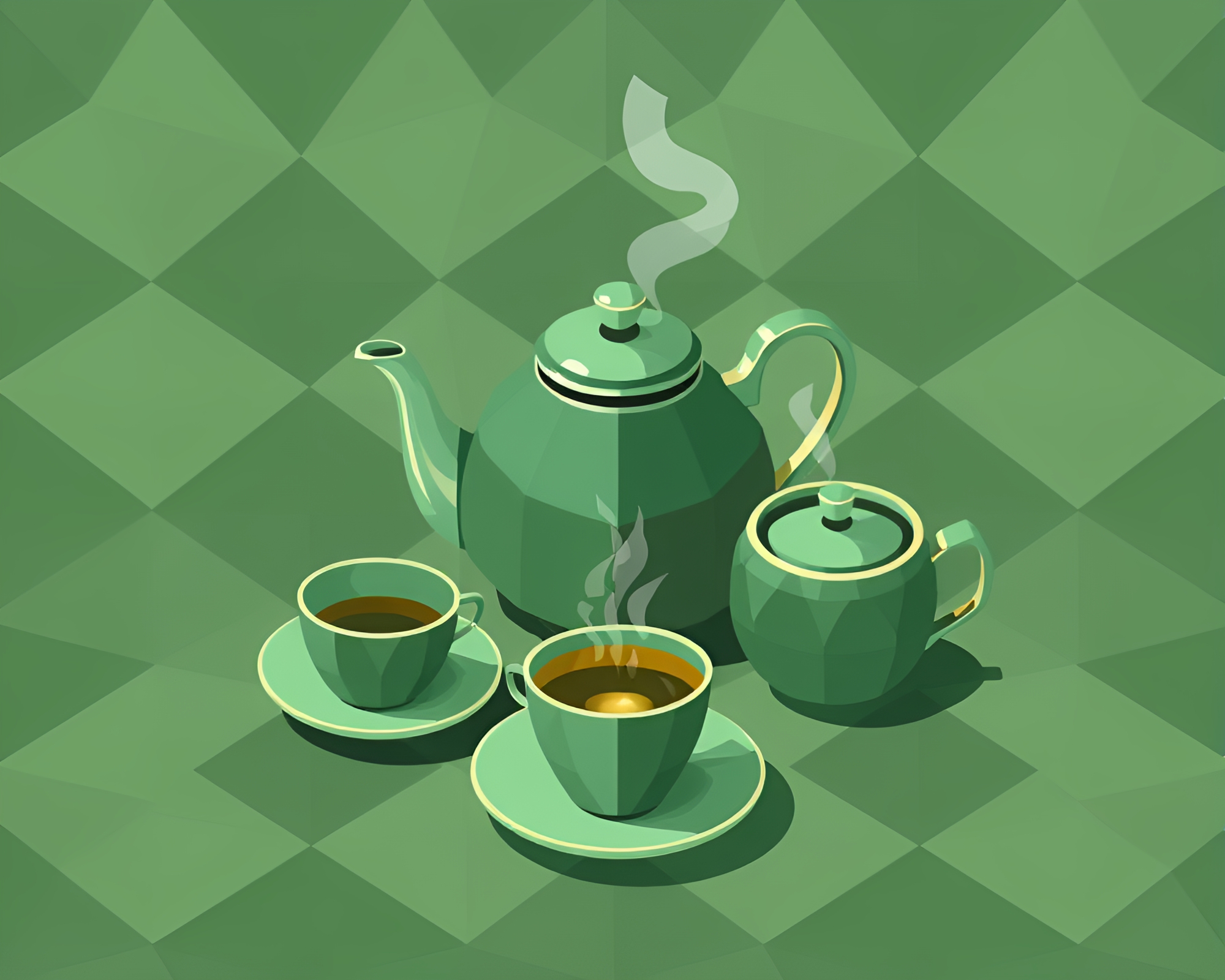 Forest-green Isometric Tea Set Illustration – free AI stock image