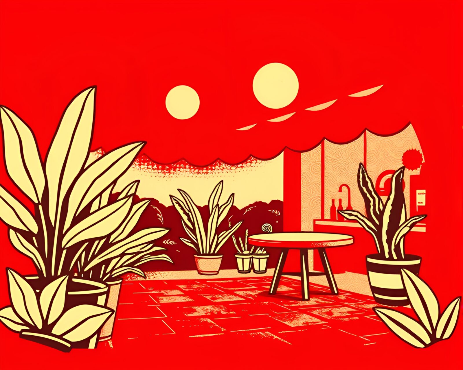 Ruby red contrasting lighting at a busy taco stand