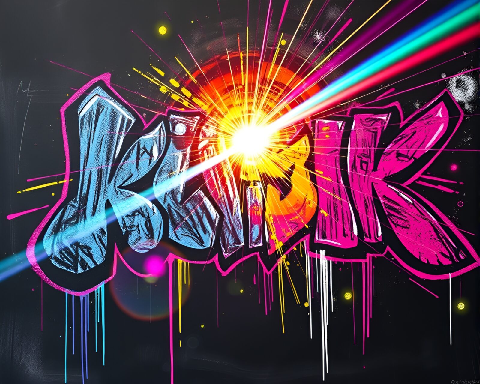 Vibrant graffiti-inspired scene of dimensional rift on chalkboard