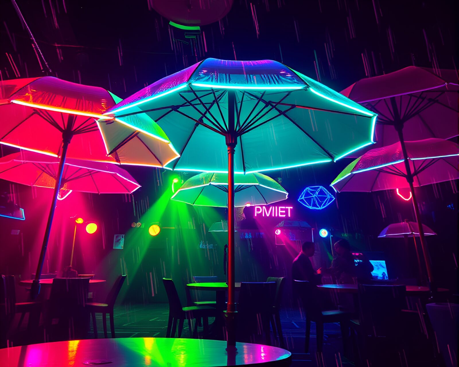Vibrant neon umbrella amidst strobe lights in glitchy club