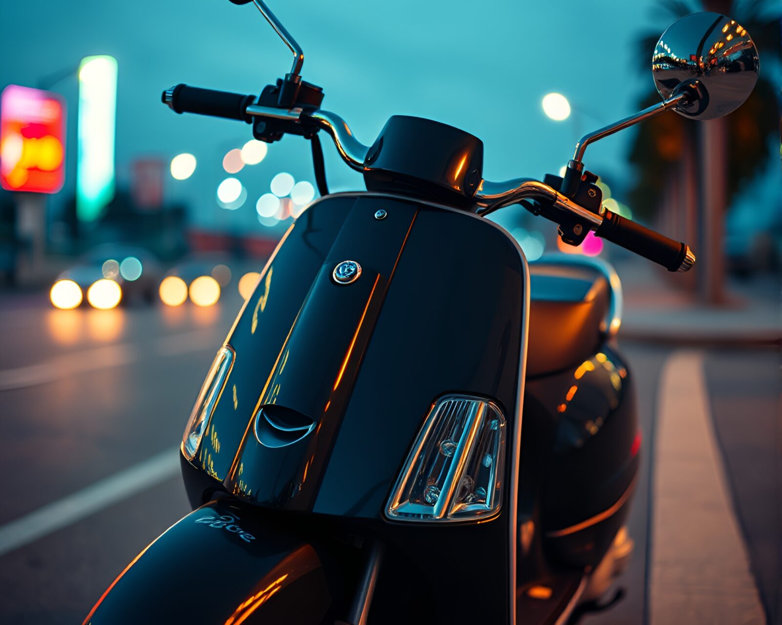 Vibrant electric scooter close-up with utopian vibe in retro colors