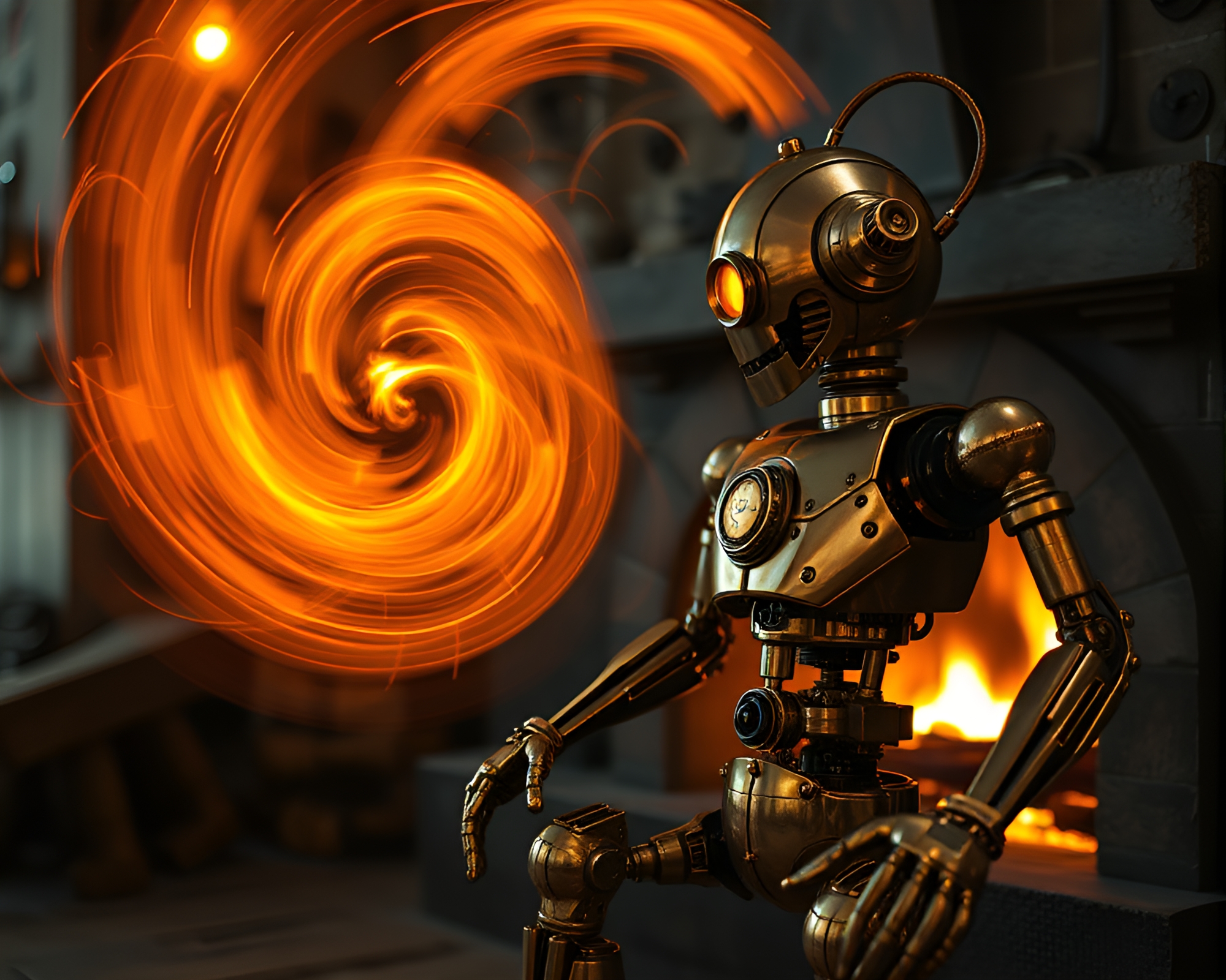 Steampunk Robot in Golden Spiral Glow – free AI stock image